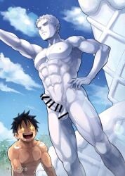 2boys abs armpits arms_up balls bara biceps big_breasts black_hair blush censor_bar censored censored_penis censored_testicles drooling ebitendon erection happy male male_only monkey_d_luffy muscles muscular muscular_arms muscular_legs muscular_male muscular_thighs one_piece open_mouth pecs petrification roronoa_zoro scar scar_on_chest scar_on_face short_hair six_pack solo_focus sparkling_eyes standing statue steamy_breath torakichi_(ebitendon) torakitchen veiny_penis wax