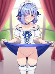 blue_choker blue_eyes blue_hair blue_skirt blurry blurry_background blush borrowed_character choker cleft_of_venus closed_mouth clothes_lift cowboy_shot female highres indoors lifting_own_clothes looking_at_viewer maid_headdress original panties panty_pull pointy_ears puffy_short_sleeves puffy_sleeves pussy pussy_juice short_hair short_sleeves skirt skirt_lift smile solo thighhighs underwear white_panties white_thighhighs window yotubeya