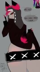 alastor_(hazbin_hotel) ass booty censored censored_anus censoring deer deer_ears deer_tail demon demon_boy demons hazbin_hotel nun nun_outfit nuns red_eyes red_eyeshadow red_hair satanic solo_male tagme text text_box text_bubble thick_thighs