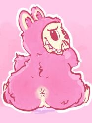 anonymous_artist female furry hand_over_mouth highres labubu pink_fur presenting_anus presenting_pussy pussy pussy_juice sharp_teeth simple_background sitting sitting_on_floor smug solo what