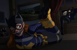 ball_gag batgirl bondage bondage bound catwoman dc dc_comics female female_focus female_only gag gagged on_floor one_eye_closed