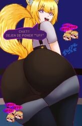 2023 big_ass big_butt bubble_ass bubble_butt clothed clothing fox fox_ears fox_girl fox_tail huge_ass kendomurft latam_virtual_youtuber mexican_female mexican_male overalls purple_eyes rule_63 smile spanish_text speaking thick_thighs virtual_youtuber vrchat_media vtuber vtuberfanart white_skin yellow_hair zarya_az