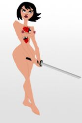 1girls ashi_(samurai_jack) asian black_hair breasts butterfly daughters_of_aku emotionless expressionless_face feet female female_only heroine hips human katana legs lipstick naked nipples nude pussy samurai_jack short_hair solo sword thin_female villainess