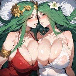 2girls ai_generated blush bracelet breast_press crown female female_only fire_emblem fire_emblem:_three_houses flower_in_hair goddess green_eyes green_hair huge_breasts kid_icarus large_breasts lipstick looking_at_viewer lying_down multiple_girls naughty_face nintendo novelai palutena red_clothing rhea_(fire_emblem) sweat voluptuous voluptuous_female white_clothing yuri