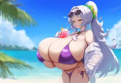 ai_generated alternate_breast_size ameanon beach big_breasts bikini breasts breasts_bigger_than_head cleavage gigantic_breasts hololive hololive_gen_2 huge_breasts large_breasts murasaki_shion ponytail purple_bikini side-tie_bikini sideboob sunglasses underboob virtual_youtuber vtuber