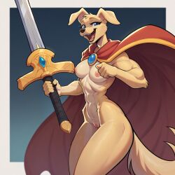 2024 abs ai_generated anthro athletic bird_dog blue_eyes breasts canid canine canis cape clothing domestic_dog female from_side fur furry genitals golden_retriever happy holding_object holding_weapon hunting_dog looking_at_viewer mammal medium_breasts melee_weapon nude nude_female open_mouth pussy retriever simple_background small_waist smile solo sword tagme weapon wheel_of_fortune_(director) yellow_body yellow_fur