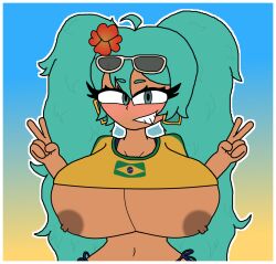 big_breasts blue_hair blush brazil brazilian brazilian_female brazilian_miku dark-skinned_female dark_skin earrings flower_in_hair giant_breasts hatsune_miku hyper_breasts light_blue_hair long_hair nipples peace_sign smiling sunglasses tight_clothing verdoshonsfw vocaloid