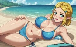 ai_generated aindroidparanoid ass beach big_ass big_breasts big_butt bikini blonde_hair blushing cameltoe covered_nipples female female_only flirting green_eyes horny lying nipples outdoors princess_zelda pussy sand sea short_hair stable_diffusion tears_of_the_kingdom the_legend_of_zelda zelda_(tears_of_the_kingdom)