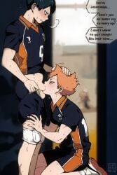 1boy 2boys ass black_hair blush bulge clothes_pull clothing deepthroat english_language english_text fellatio female haikyuu!! hand_on_another's_head hinata_shouyou kageyama_tobio knee_pads kneeling latbjorn_ai male male_focus multiple_boys oral orange_hair penis sex shirt shirt_lift shoes short_hair shorts shorts_pull shota shoyo_hinata sitting sneakers sports_uniform sportswear standing sweat testicles text tobio_kageyama volleyball_uniform yaoi