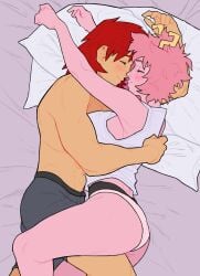 1boy 1girls ashido_mina bare_thighs blush closed_eyes eijirou_kirishima female horns hugging kirishima_eijirou legs_intertwined male male/female mina_ashido miss_booba my_hero_academia on_bed on_side panties pillow pink_body pink_hair pink_skin red_hair romantic shirtless shirtless_male straight thick_thighs underwear voluptuous