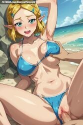 1boy 1girls ai_generated aindroidparanoid ass beach big_ass big_breasts big_butt bikini bikini_aside blonde_hair blue_bikini blue_swimsuit blush cameltoe censored cock covered_nipples female female_only flirting grabbing_breasts green_eyes hard_sex horny lying missionary_position nipples outdoors penetration penis princess_zelda pussy sand sea sex short_hair squeezing_breast stable_diffusion swimsuit swimsuit_aside tears_of_the_kingdom the_legend_of_zelda zelda_(tears_of_the_kingdom)