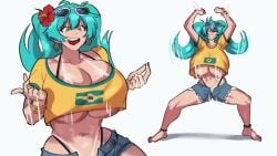 16:9 1girls 30_seconds alternate_breast_size animated aqua_eyes aqua_hair barefoot borrowed bouncing bra bracelet brazil brazilian brazilian_female brazilian_miku breasts cleavage curvy_figure dance dancing denim design earrings edit eyewear feet female female_only flag flower full_body geulimykun_(skbyunea413) hakari_dance hands_up hatsune_miku huge_breasts jewelry latin latin_american_hatsune_miku_(meme) longer_than_10_seconds longer_than_30_seconds loop massive_breasts meme music navel open_mouth parody print rectangular shirt shorts smile solo solo_female sound sunglasses tan tan_body tanlines thick thighs toes twintails underboob video vocaloid yellow_shirt