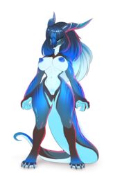 2017 anthro big_breasts black_hair blue_eyes blue_skin breasts dragon female fur hair horn looking_at_viewer navel nipples nude pussy sif_(artist) simple_background solo standing stripes wide_hips