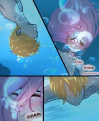 1girl1boy air_bubbles drowning marima666_(artist) pink_hair underwater