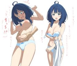 1girl absurdres ahoge armpits arms_up bare_shoulders belly_fat belly_grab blue_bra blue_eyes blue_hair blue_panties blush bow bow_panties bra breasts breasts_out disembodied_hand embarrassed exposed_breasts grabbing_belly highres large_breasts looking_at_viewer make_heroine_ga_oo_sugiru! medium_hair multiple_views navel nipples panties shirt simple_background sincos stomach teenage_girl teenager thighs topless tummy tummy_grab underwear undressing white_background white_shirt yanami_anna young young_female