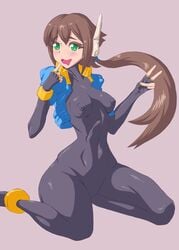 1girls aile areola artificial_skin blush bottomless breasts brown_hair capcom cyborg gesture greatanteka green_eyes human long_hair medium_breasts mega_man mega_man_zx_advent nipples solo v