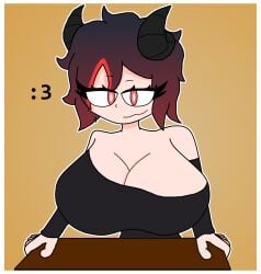 :3 big_breasts black_clothing dark_hair hands_on_table haruruvt horns hyper_breasts light-skinned_female no_bra red_eyes red_hair short_hair succubus table verdoshonsfw virtual_youtuber vtuber