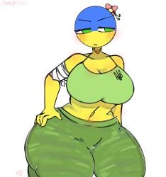 1girls amogus amogus_reference among_us_reference annoyed artist_name artist_signature bandage big_ass big_breasts blush clothed clothed_female countryhumans countryhumans_girl female female_focus female_only flower green_eyes green_topwear huge_ass huge_breasts kak0yt0_chel military military_uniform tagme the_ukraine_(countryhumans) thick_thighs trident twitter_username yellow_body