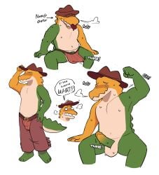 absurd_res alligator alligatorid anthro bodily_fluids bottomwear bulge candy clothing cowboy_hat crocodilian dessert erection flexing flexing_bicep flustered food food_creature genital_fluids genitals glitch_productions gnash_(artist) gummigoo_(tadc) gummy_(food) gummy_creature hat headgear headwear hi_res humanoid living_candy male mammal pants penis precum precum_through_clothing precum_through_underwear reptile scalie solo sweat tail the_amazing_digital_circus underwear wet wet_clothing