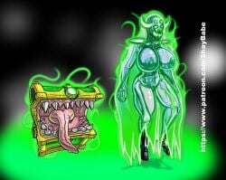 4_eyes animated_skeleton areola big_breasts black_background bone breasts cape clothing daughter_of_the_void female floating genitals ghost green_areola green_body green_cape green_clothing green_eyes green_horn green_nipples horn horned_humanoid huge_breasts humanoid long_tongue mimic mimic_chest multi_eye nipples nude open_mouth poltergeist prime_poltergeist_(dotv) pussy sharp_teeth shaybabe shoulder_pads simple_background skeleton solo spirit teeth text thick_thighs tongue tongue_out translucent translucent_body undead visible_bone visible_skeleton wide_hips