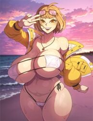 1girl anis_(nikke) anis_(sparkling_summer)_(nikke) bare_shoulders beach beauty_mark beauty_mark_on_breasts beauty_mark_under_eye big_breasts bikini breasts brown_hair cameltoe chin_length_hair female female_only goddess_of_victory:_nikke large_breasts lycra_(artist) necklace nipples nipples_visible_through_clothing outdoors pale-skinned_female pale_skin short_hair string_bikini sunglasses sunglasses_on_head sunset thick_thighs wet_skin white_bikini wide_hips yellow_eyes yellow_jacket