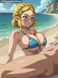 ai_generated aindroidparanoid ass beach big_ass big_breasts big_butt bikini blonde_hair blush cameltoe censored cock covered_nipples female female_only flirting green_eyes horny huge_cock large_breasts large_penis nipples outdoors paizuri penis princess_zelda pussy sand sea short_hair stable_diffusion surprised swimsuit tears_of_the_kingdom the_legend_of_zelda titfuck titjob zelda_(tears_of_the_kingdom)