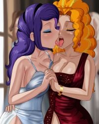 2girls adagio_dazzle adagio_dazzle_(eg) big_breasts bracelet breasts busty cleavage closed_eyes cogbrony commission earring earrings equestria_girls eyeshadow holding holding_hands kissing lesbian_couple lesbian_kiss lesbian_sex my_little_pony my_little_pony_friendship_is_magic rarity_(eg) rarity_(mlp) romantic romantic_couple sexy_clothing sexy_dress sloppy sloppy_kiss tongue tongue_kiss tongue_out yuri