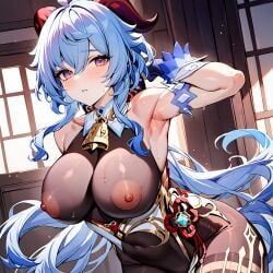 1girls ai_generated armpits bell blue_hair ganyu_(genshin_impact) genshin_impact lonhun1028 mihoyo nipples