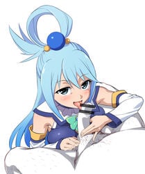 1girls aqua_(konosuba) aqua_bow aqua_eyes aqua_hair bar_censor bare_shoulders blush bow breast_press breasts caressing_testicles censored clothed_female_nude_male detached_sleeves fellatio female funnyari hair_ornament half-closed_eyes kono_subarashii_sekai_ni_shukufuku_wo! long_hair looking_at_viewer naughty_face nude open_mouth oral penis pov pubic_hair simple_background smile tongue tongue_out white_background