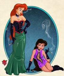 ariel black_hair cigarette cigarette_holder cleavage collar disney disney_sequel dress female female_only fully_clothed gloves high_heels implied_incest latex latex_clothing latex_gloves melody_(disney) mother_and_daughter poochygirls red_hair shiny_clothes smoking the_little_mermaid tight_clothing