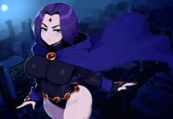 ai_generated city dc dc_comics female flying grey_body large_breasts mullon night novelai purple_eyes purple_hair rachel_roth raven_(dc) solo teen_titans