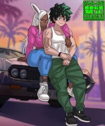 car dark-skinned_female exposed_midriff grand_theft_auto_vi green_eyes green_hair hands_around_neck izuku_midoriya jeans long_hair looking_at_viewer miruko muscular_male my_hero_academia red_eyes rumi_usagiyama scars shosho_oekaki shueisha sitting_on_car tank_top thick_thighs white_hair