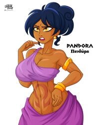 1girls alvarikokearte big_breasts black_hair breasts cleavage dark-skinned_female dark_skin european_mythology greek_mythology mythology original original_character pandora_(alvarikokearte) purple_clothing solo solo_female wide_hips yellow_eyes