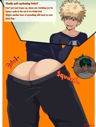 2boys ass big_ass big_butt blonde_hair butt butt_crush fat_ass fat_butt giant green_eyes green_hair huge_ass huge_butt izuku_midoriya katsuki_bakugou macro macrophilia male male_only micro microphilia my_hero_academia red_eyes shounen_jump smolmageroni text text_bubble thick_ass thick_butt