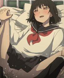 1boy :d bed_sheet black_hair black_sailor_collar black_skirt blush clothed_sex clothes_lift clothing_aside female indoors long_sleeves lying miniskirt neckerchief on_back osanai_yuki panties panties_aside penis pillow pleated_skirt red_neckerchief sailor_collar school_uniform serafuku sex short_hair shoushimin_series skirt skirt_lift smile solo_focus spread_legs straight straight_hair sweatdrop sweater tomu_(tomubobu) underwear vaginal_penetration white_panties white_sweater yellow_eyes