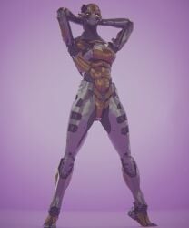 3d 3d_model 3d_render bravozerosix destiny_(game) destiny_(video_game) destiny_2 exo exo_(destiny) exogold24 gold-24 gold-24_(exogold24) gold_body gray_body green_eyes grey_body hands_behind_head multicolored_body pink_background robot robot_girl standing titan_(destiny) yellow_body