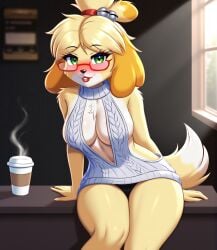 ai_generated animal_crossing cleavage furfantastic glasses isabelle_(animal_crossing) virgin_killer_sweater