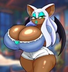 1girls bat_wings breasts_bigger_than_head dark-skinned_female dark_skin furry huge_breasts hyper hyper_breasts long_hair looking_at_viewer rouge_the_bat solo_female sonic_(series) sonic_the_hedgehog_(series) spintopple thick_thighs turquoise_eyeshadow turquoise_lipstick white_hair