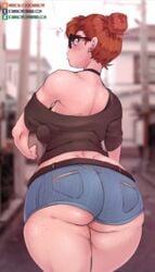 absurdres ass big_ass breasts brown_hair cleavage female female_only freckles glasses green_eyes hair_bun highres huge_ass joraglove looking_at_viewer looking_back short_shorts shorts sideboob solo thick_legs thick_thighs