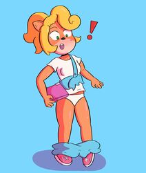 ! 1girls 2017 5_fingers anthro bandicoot big_eyes black_nose blonde_hair blue_background blush bottomless clothed clothing coco_bandicoot computer crash_(series) crash_bandicoot_(series) delta_cabbage electronics eyebrows female female_only fur furry games green_eyes highres laptop long_hair mammal marsupial open_mouth orange_fur overalls panties pants_down partially_clothed pink_shoes ponytail shoes simple_background standing surprised sweat underwear video_games wardrobe_malfunction white_shirt