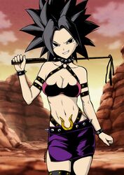 black_eyes black_hair breasts caulifla dominatrix dragon_ball dragon_ball_super eudetenis female grin grinning light-skinned_female light_skin long_hair medium_breasts saiyan solo spiky_hair whip