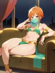 1boy abs ai_generated arabian_clothes body_jewelry bored bulge couch face_veil femboy ginger ginger_hair hjqjjwbeb jewelry large_ass looking_at_viewer navel orange_hair otoko_no_ko see-through sitting small_penis smaller_male solo solo_focus solo_male thick_thighs thighs