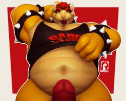 2022 3d_(artwork) anthro armband belly biceps big_belly big_muscles border bottomless bowser bracelet clothed clothing collar digital_media_(artwork) erection eyebrows front_view genitals hair horn humanoid_genitalia humanoid_penis jewelry koopa looking_at_viewer male male_only mario_(series) musclegut muscular muscular_anthro muscular_male narrowed_eyes navel nintendo overweight overweight_anthro overweight_male pecs penis presenting presenting_penis raised_clothing raised_shirt raised_tank_top raised_topwear red_background reyriders scalie shirt simple_background smile solo spiked_armband spiked_bracelet spiked_collar spikes tank_top teeth text text_on_clothing text_on_shirt text_on_tank_top text_on_topwear thick_thighs tongue tongue_out topwear video_games watermark white_border