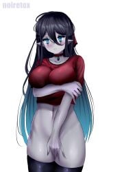 1girls absurd_res aqua_eyes aqua_hair arm_under_breasts banshee_(monster_girl_encyclopedia) big_breasts black_hair black_thighhighs blue_eyes blush breasts choker closed_mouth collarbone colored_skin covering_crotch covering_privates gradient_hair grey_skin hair_between_eyes hi_res impossible_clothes impossible_shirt monster_girl_encyclopedia multicolored_hair navel noiretox pointy_ears red_shirt runny_makeup shirt simple_background solo standing thighhighs undead white_background