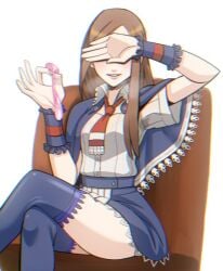 1girls ascot bad_id bad_twitter_id blue_legwear blue_skirt blue_thighhighs brown_hair castlevania:_portrait_of_ruin castlevania_(series) chair charlotte_aulin clothing condom covering_own_eyes crossed_legs cum female holding holding_condom legs_together long_hair on_chair red_ascot ryuntack shirt sitting skirt smile thighhighs used_condom white_shirt wide_hips zettai_ryouiki