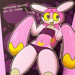 blush blushing bug_(sodabug) cameltoe embarrassed female female_focus flat_chest insect_humanoid mantis nervous nervous_smile oxyoxyoxyox pink_hair pink_iris yellow_sclera