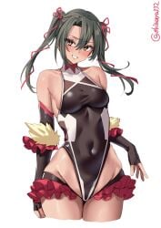 artist_name bare_shoulders black_leotard blush breasts brown_eyes cosplay covered_navel dark_skin ebifurya elbow_gloves female fingerless_gloves gloves green_hair hair_between_eyes hair_ribbon highres kantai_collection leotard long_hair looking_at_viewer lowleg lowleg_skirt medium_breasts mizuki_yukikaze mizuki_yukikaze_(cosplay) one-hour_drawing_challenge red_ribbon red_skirt ribbon simple_background skirt sleeveless_turtleneck_leotard smile solo taimanin_(series) taimanin_suit taimanin_yukikaze twintails twitter_username white_background zuikaku_(kantai_collection)