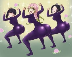 3girls arms_above_head arms_up ass ass_focus beauty_mark black_bodysuit black_hair blush bodysuit braid breasts butterfly_hair_ornament cosplay demon_slayer embarrassed fairy_tail female female_only green_eyes green_hair hair_ornament jiggle_butt_gang kanroji_mitsuri kochou_shinobu komena_(shinyday312) latex legs_apart long_hair multiple_girls o_o peach_(fruit) pink_hair purple_eyes short_hair simple_background skin_tight smile tsuyuri_kanao two_tone_hair