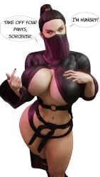 1girls 3d athletic athletic_female big_breasts black_hair boobs breasts busty crop_top demanding eyeshadow female female_focus female_only hourglass_figure large_breasts loincloth long_hair looking_at_viewer makeup mascara mileena mileena_(mk:deception) mortal_kombat mortal_kombat:_deception nail_polish ohmaddoge pinup pinup_pose ponytail skimpy skimpy_clothes solo solo_female speech_bubble tagme thong underboob veil white_background wide_hips yellow_eyes