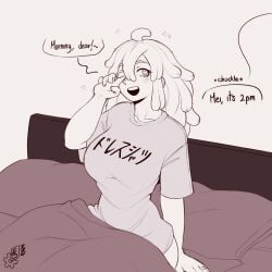 bed bedsheets big_breasts bottomless curvaceous_figure dialogue erusensei implied_relationship japanese_text mei_hatsume monochrome my_hero_academia shirt shueisha simple_background sitting smiling teeth unseen_character unseen_male_face unusual_eyes waking_up wearing_others_clothes wholesome wide_hips